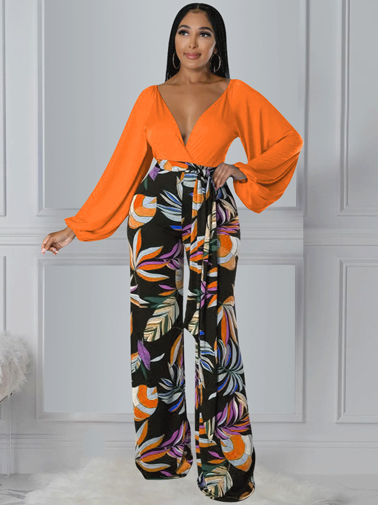 2 Piece V Neck Tops Floral Pants Set Tiynon