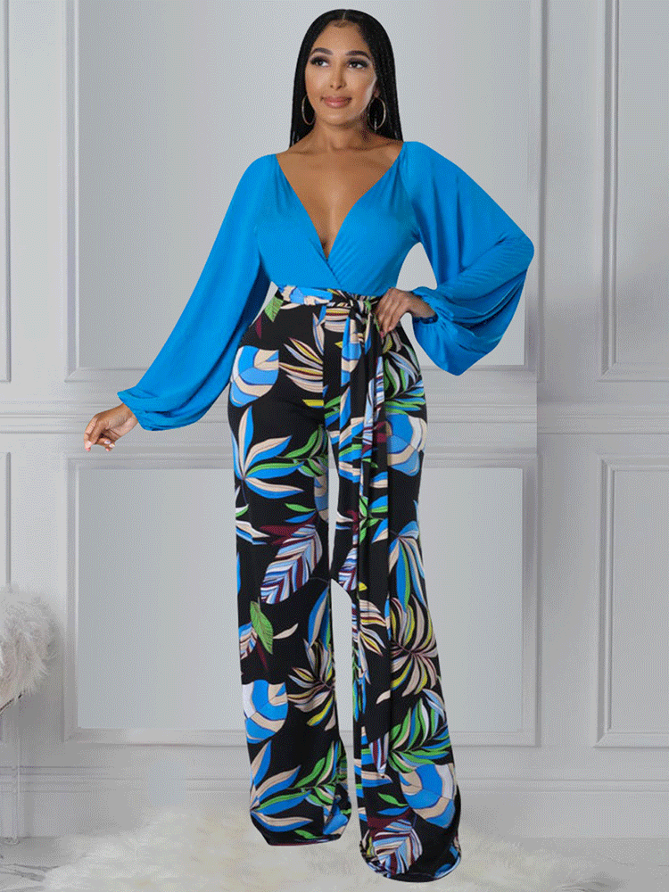 2 Piece V Neck Tops Floral Pants Set Tiynon