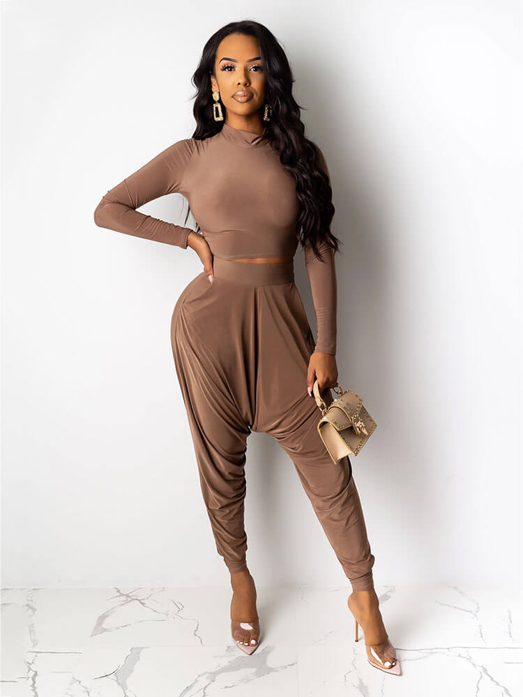 2 Pieces Long Sleeve Bodycon Crop Top+Harem Pants Sets Tiynon