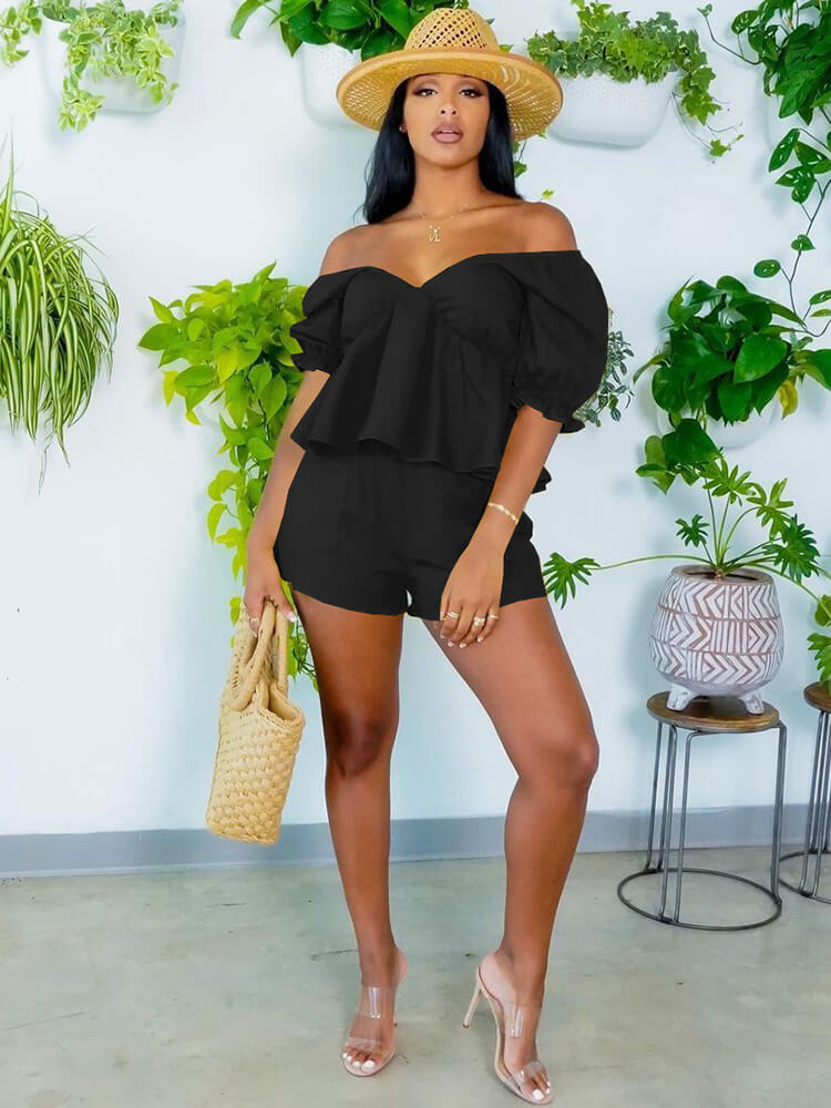 2 Pieces Off Shoulder Ruffle Tops+Shorts Sets Tiynon