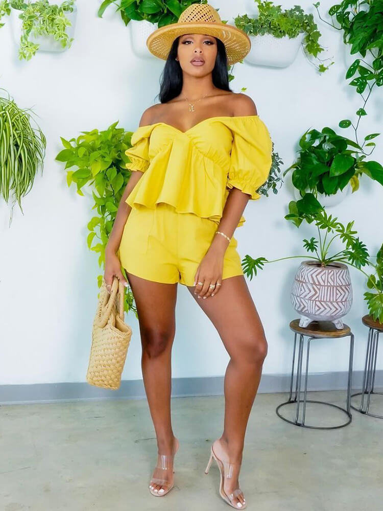 2 Pieces Off Shoulder Ruffle Tops+Shorts Sets Tiynon