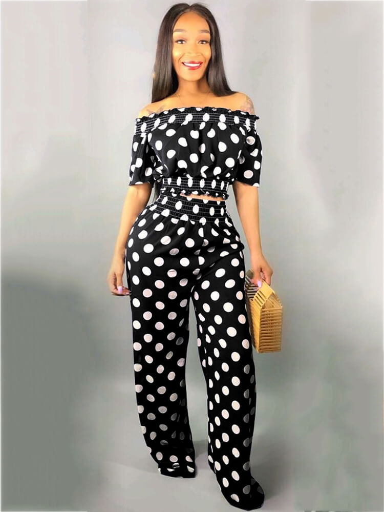 2 Pieces Polka Dot Off Shoulder Crop Top Pants Suits Tiynon