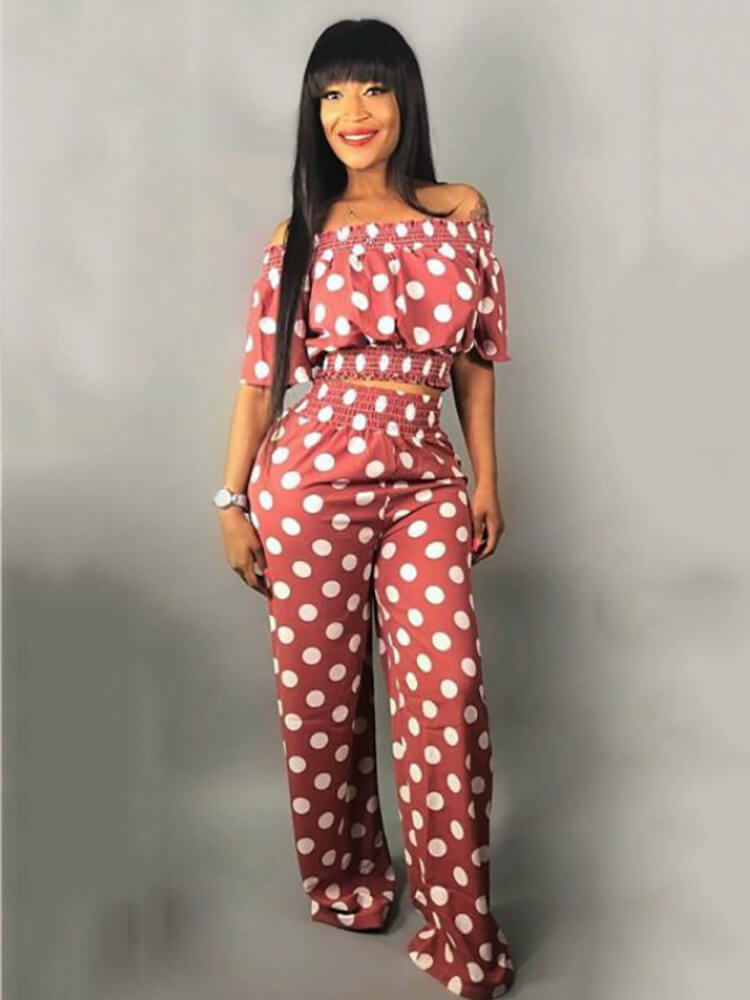 2 Pieces Polka Dot Off Shoulder Crop Top Pants Suits Tiynon