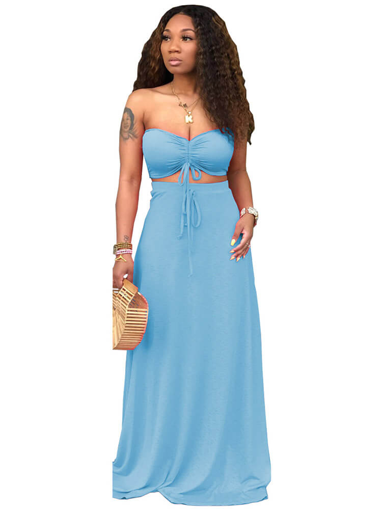 2 Pieces Strapless Crop Top+Solid Color Maxi Dresses Tiynon