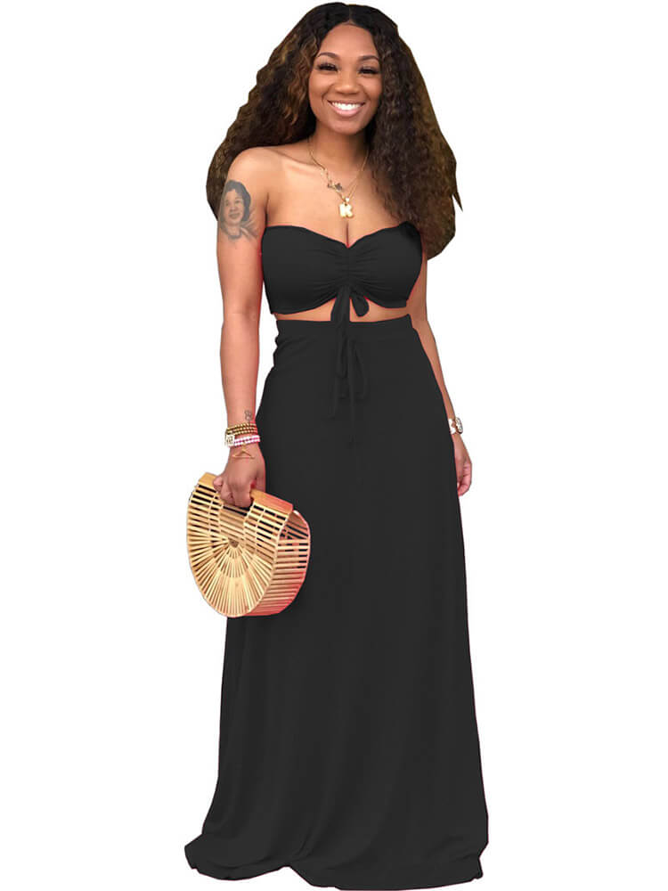 2 Pieces Strapless Crop Top+Solid Color Maxi Dresses Tiynon