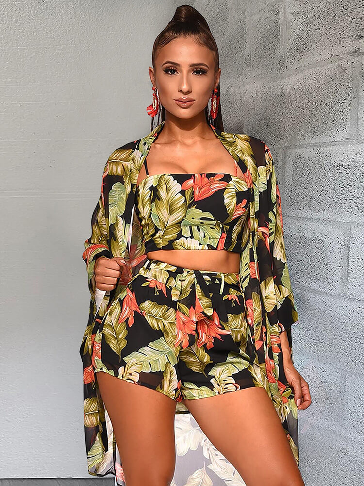 3 Piece Boho Leaf Print Crop Top+Cardigan+Shorts Sets Tiynon