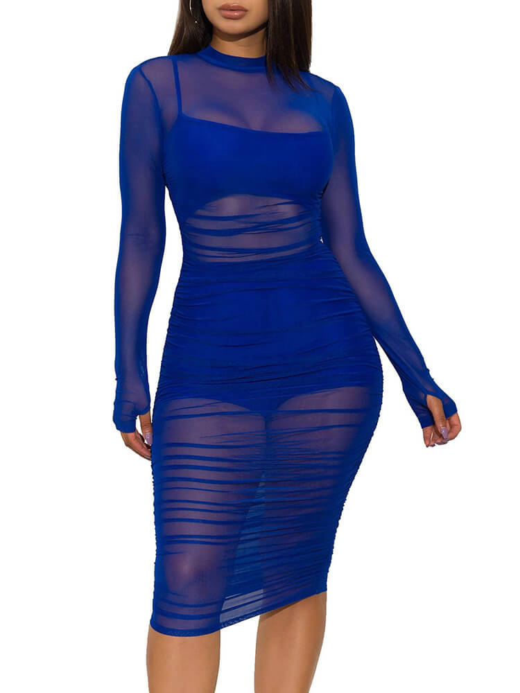 3 Piece Long Sleeve Ruched Sheer Mesh Bodycon Dresses Tiynon