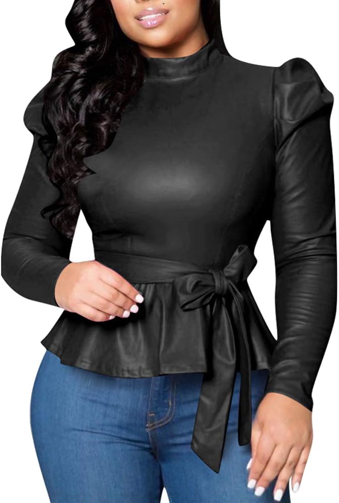 Neck Turtleneck Long Sleeve Faux Leather Top