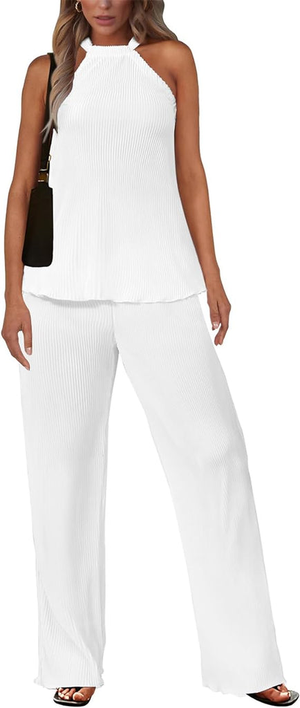 Two Piece Sleeveless Ruffle Top Wide Leg Pants