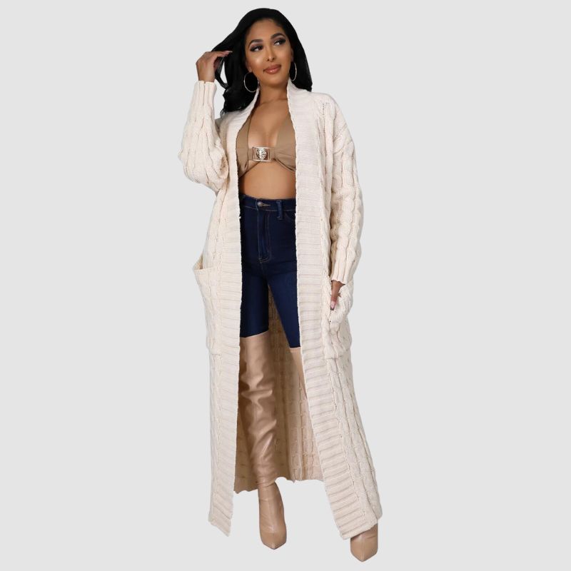 Solid Color Long Jacquard Cardigan