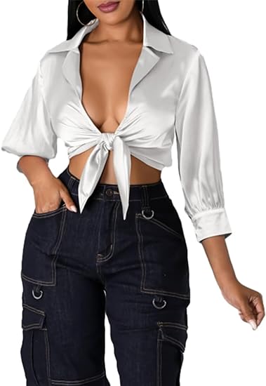 Tie Front V Neck Puff Sleeve Shirts