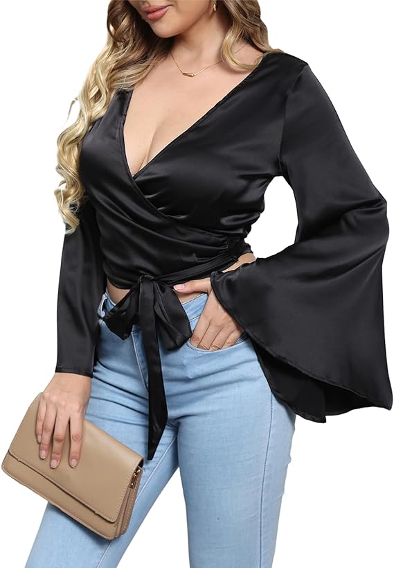 V Neck Wrap Flared Long Sleeve Top