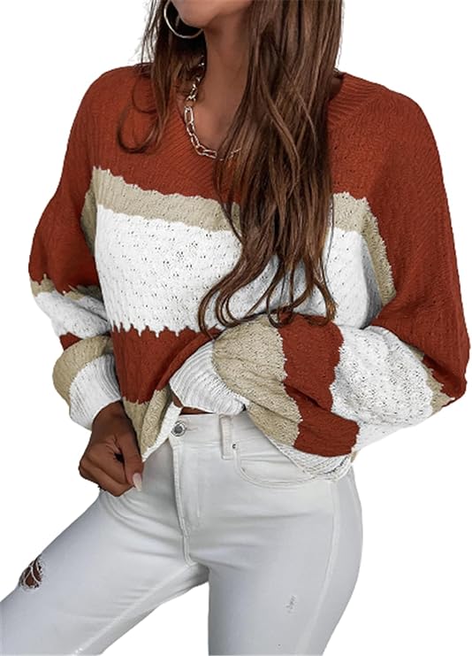 Color Block Long Lantern Sleeve Ribbed Sweater