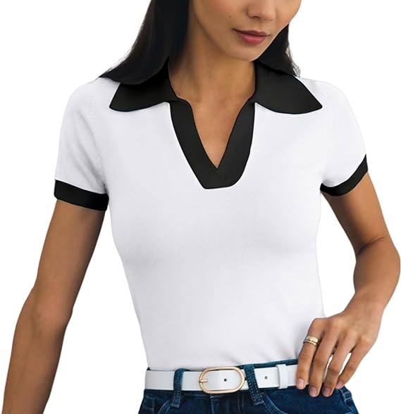 Short Sleeve V Neck Collared Colorblock Top