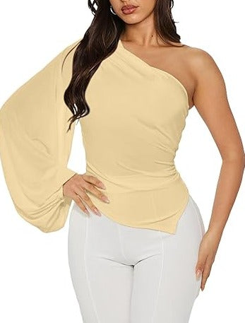 One Shoulder Ruched Bodycon Puff Sleeve Top