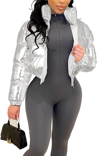 Shiny Long Sleeve Solid Color Puffer Jacket