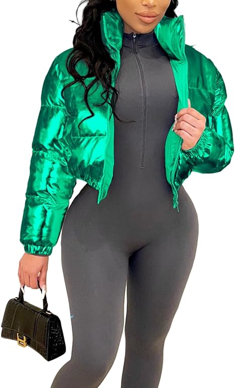 Shiny Long Sleeve Solid Color Puffer Jacket