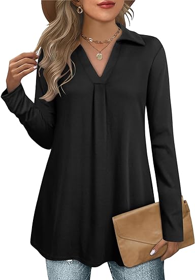 Collared V Neck Long Sleeve Top