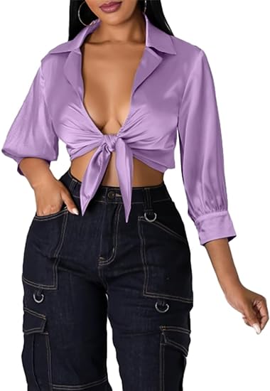 Tie Front V Neck Puff Sleeve Shirts