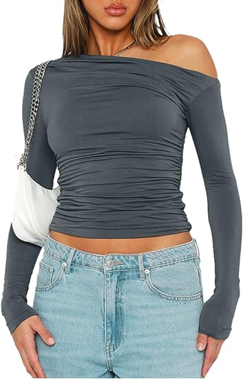 Long Sleeve Asymmetrical Tight Ruched Top