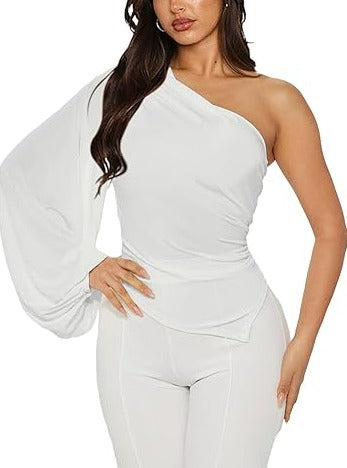 One Shoulder Ruched Bodycon Puff Sleeve Top