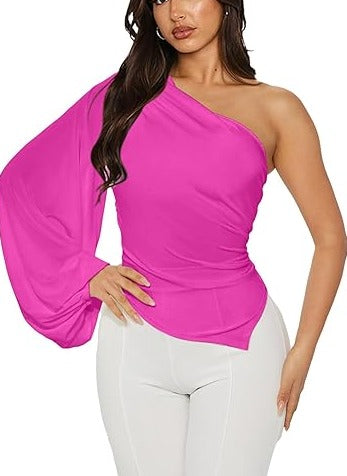 One Shoulder Ruched Bodycon Puff Sleeve Top