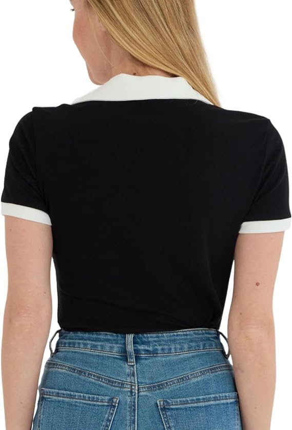 Short Sleeve V Neck Collared Colorblock Top