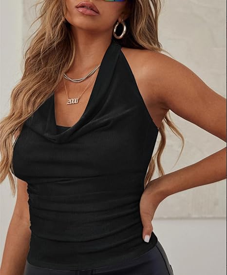 Halter Backless Cowl Neck Sleeveless Top