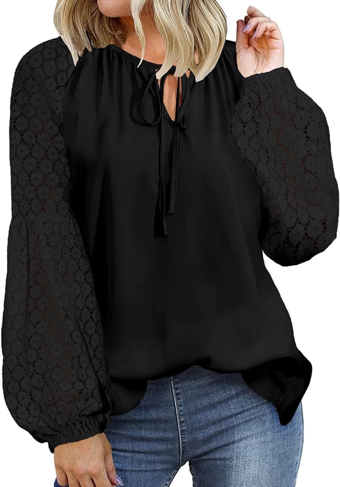 Lace Drawstring V Neck Chiffon Blouse