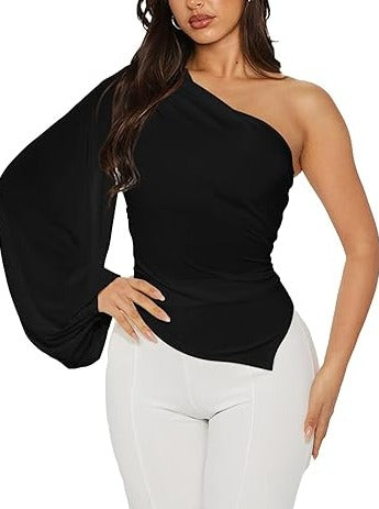 One Shoulder Ruched Bodycon Puff Sleeve Top