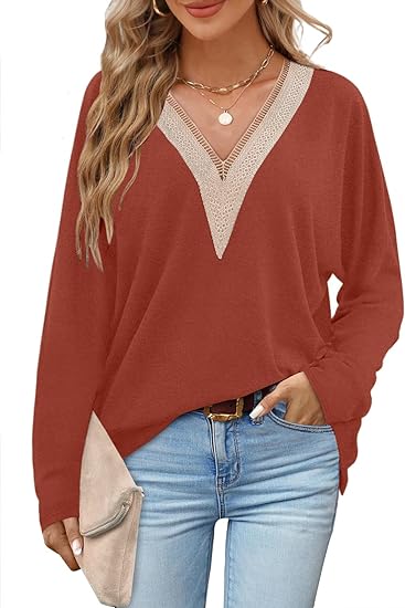 Lace V Neck Long Sleeve Top