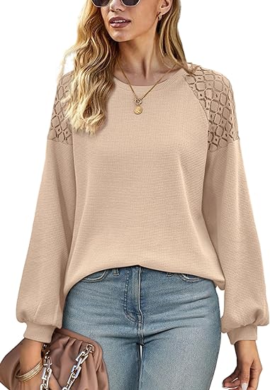 Lace Patchwork Long Sleeve Crewneck Waffle Knit Sweaters