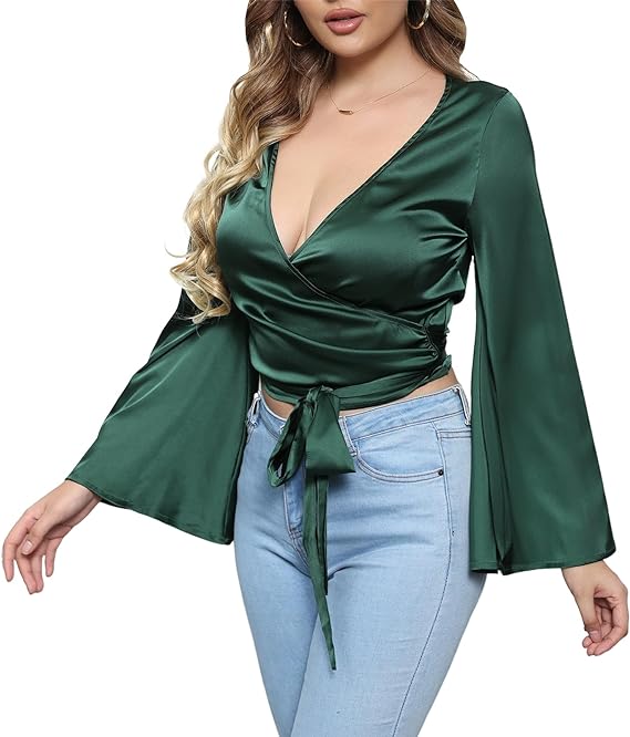 V Neck Wrap Flared Long Sleeve Top