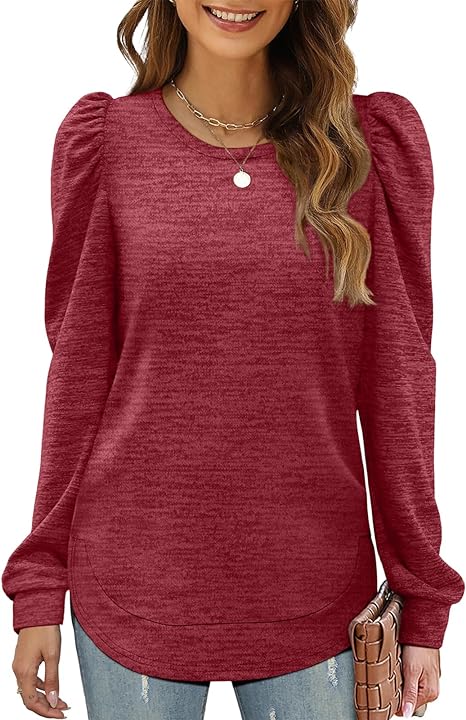 Puff Sleeve Crew Neck Long Sleeve Tunic Top