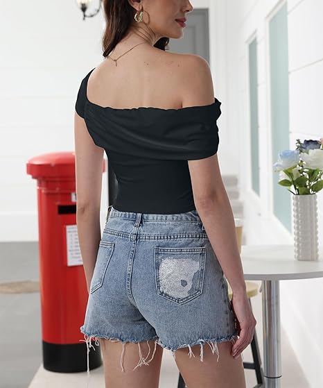 Off Shoulder Short Sleeve Crop Top