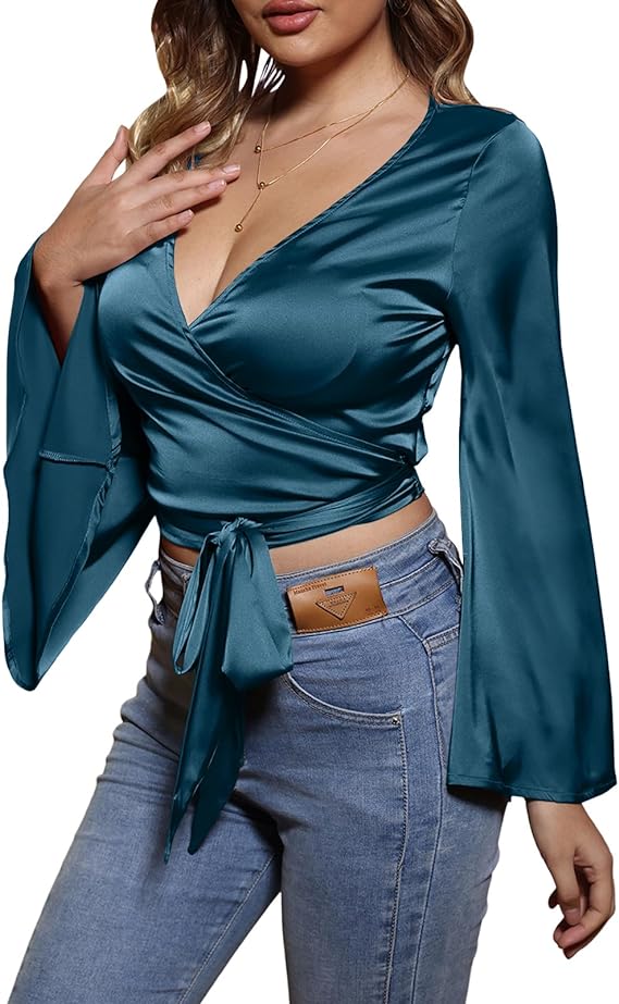 V Neck Wrap Flared Long Sleeve Top