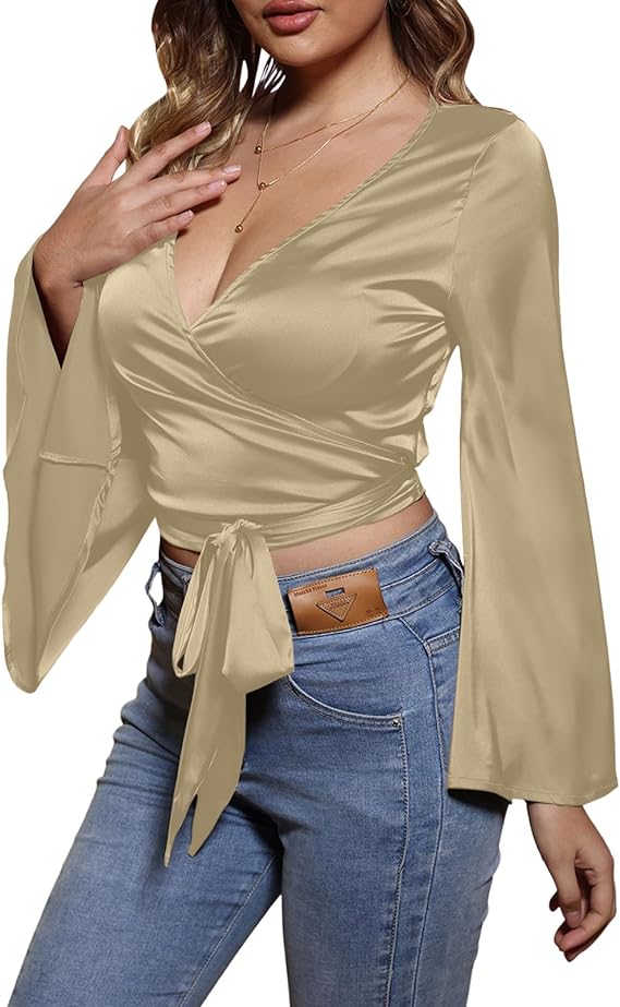 V Neck Wrap Flared Long Sleeve Top