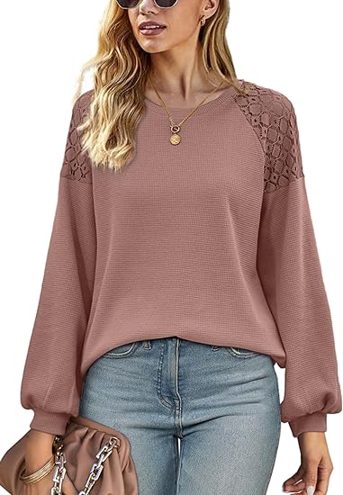 Lace Patchwork Long Sleeve Crewneck Waffle Knit Sweaters