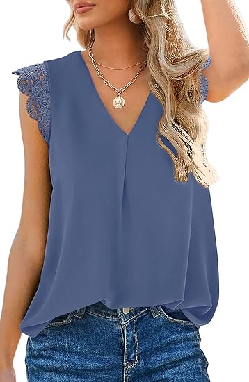 V Neck Lace Sleeveless Pleated Top