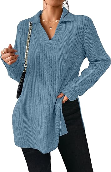 V Neck Side Slit Long Sleeve Shirts