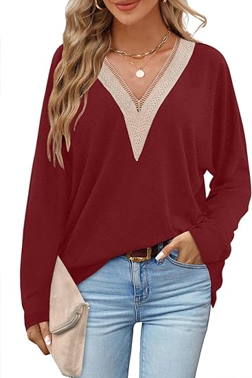 Lace V Neck Long Sleeve Top