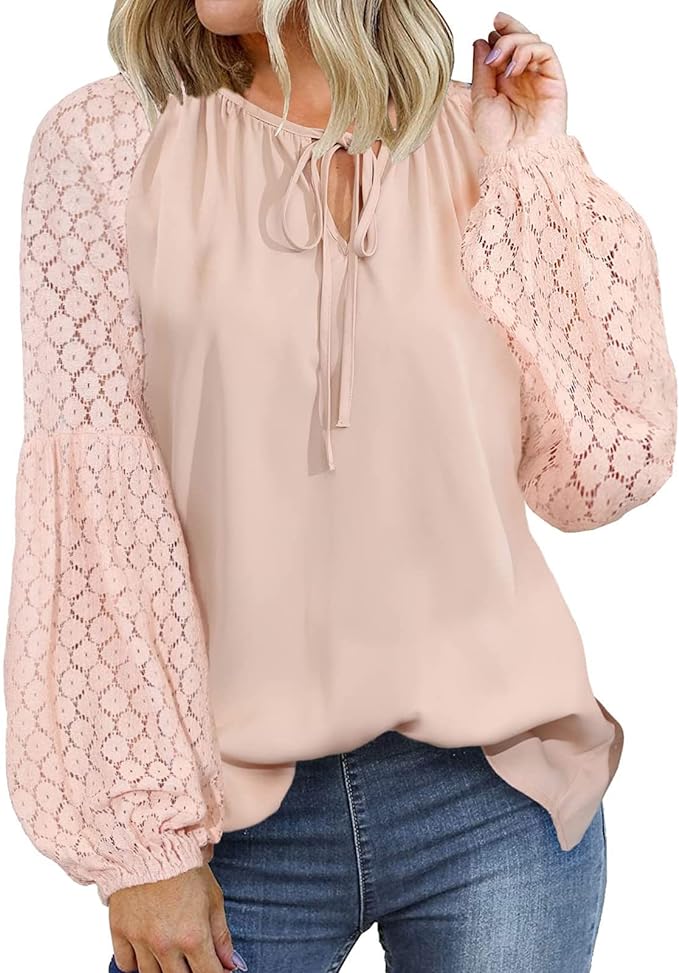 Lace Drawstring V Neck Chiffon Blouse