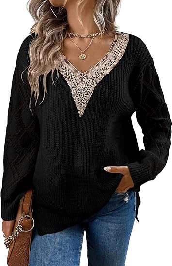 Lace V Neck Long Sleeve Side Split Sweaters