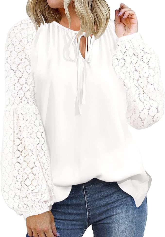 Lace Drawstring V Neck Chiffon Blouse