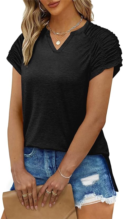 V Neck Ruched Short Sleeve Top