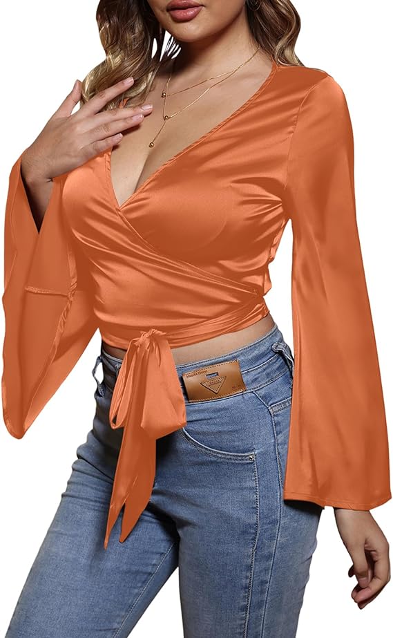 V Neck Wrap Flared Long Sleeve Top