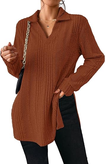 V Neck Side Slit Long Sleeve Shirts