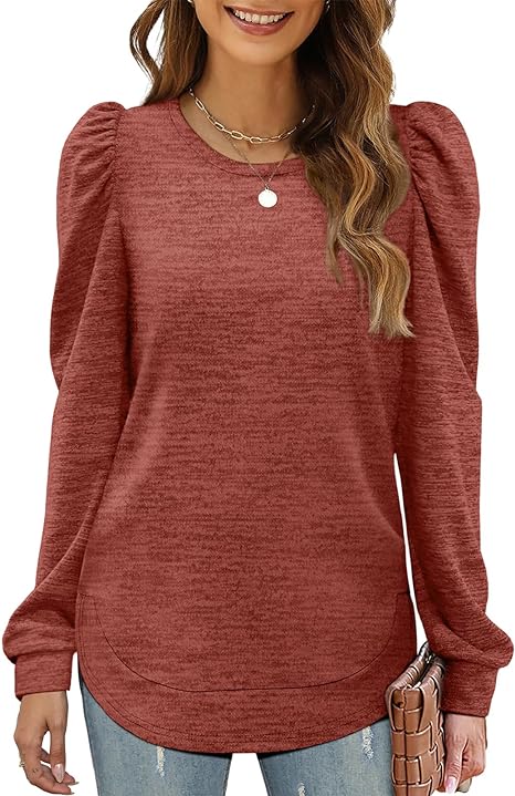 Puff Sleeve Crew Neck Long Sleeve Tunic Top