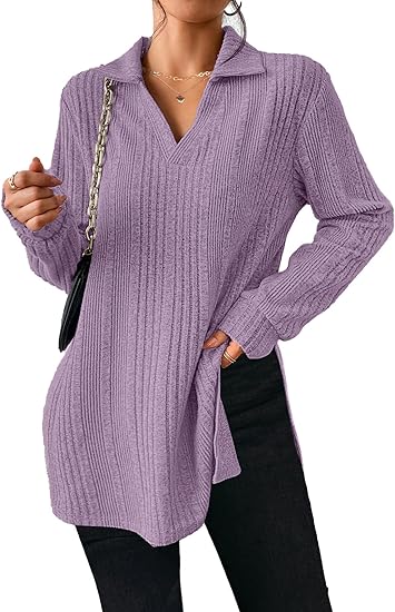 V Neck Side Slit Long Sleeve Shirts