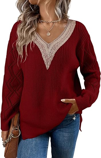 Lace V Neck Long Sleeve Side Split Sweaters